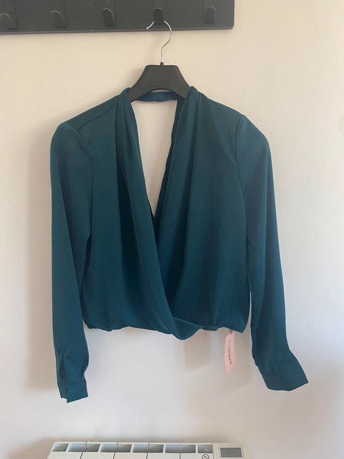 Jolie blouse manches longues, dos ouvert et décolletée • Bleu vert canard • SHEIN • Taille S - photo numéro 3