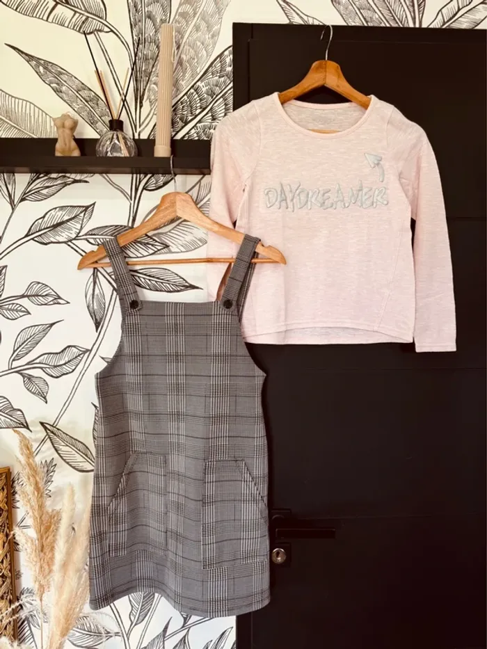 Taille 12 ans robe et teeshirt fille Liberto Orchestra gris et rose * carreaux * 🩷