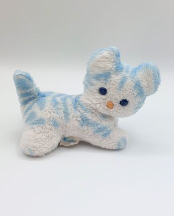 Ancien doudou peluche chat blanc bleu PASTEL grelot 18 cm Vintage yeux bleus