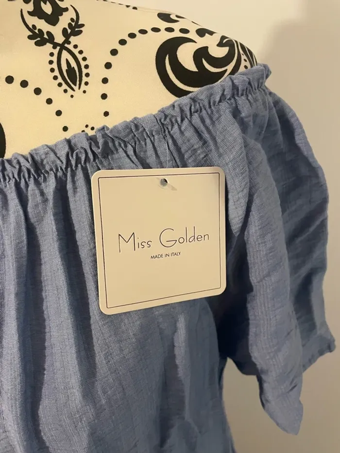 Robe ample bleu à manches courtes col élastique bas volant neuf Miss Golden taille 46 - photo numéro 5
