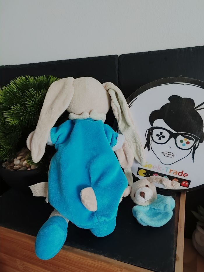 doudou et compagnie lapin marionnette bleu bébé pinou vert beige Blanc DD003287 - photo numéro 2