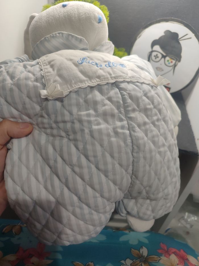 Doudou Lapin rayé bleu coussin Sucre d'orge range pyjama peluche ancien blanc - photo numéro 4