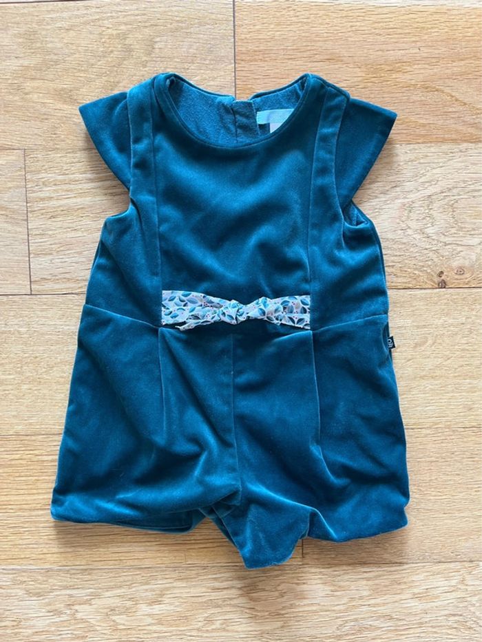 🍼 Combinaison barboteuse Obaïbi velours vert canard – 12 mois