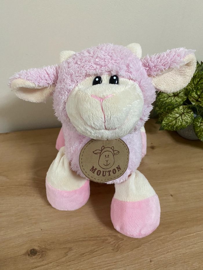 Doudou peluche mouton rose écru médaillon cmp - photo numéro 2