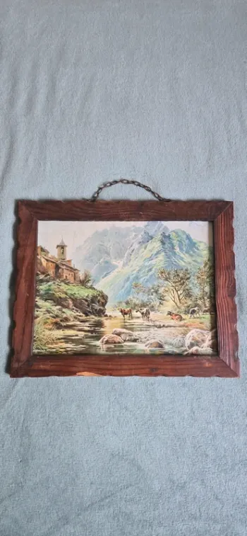 Tableau impression sur planche, montagne/village/vaches