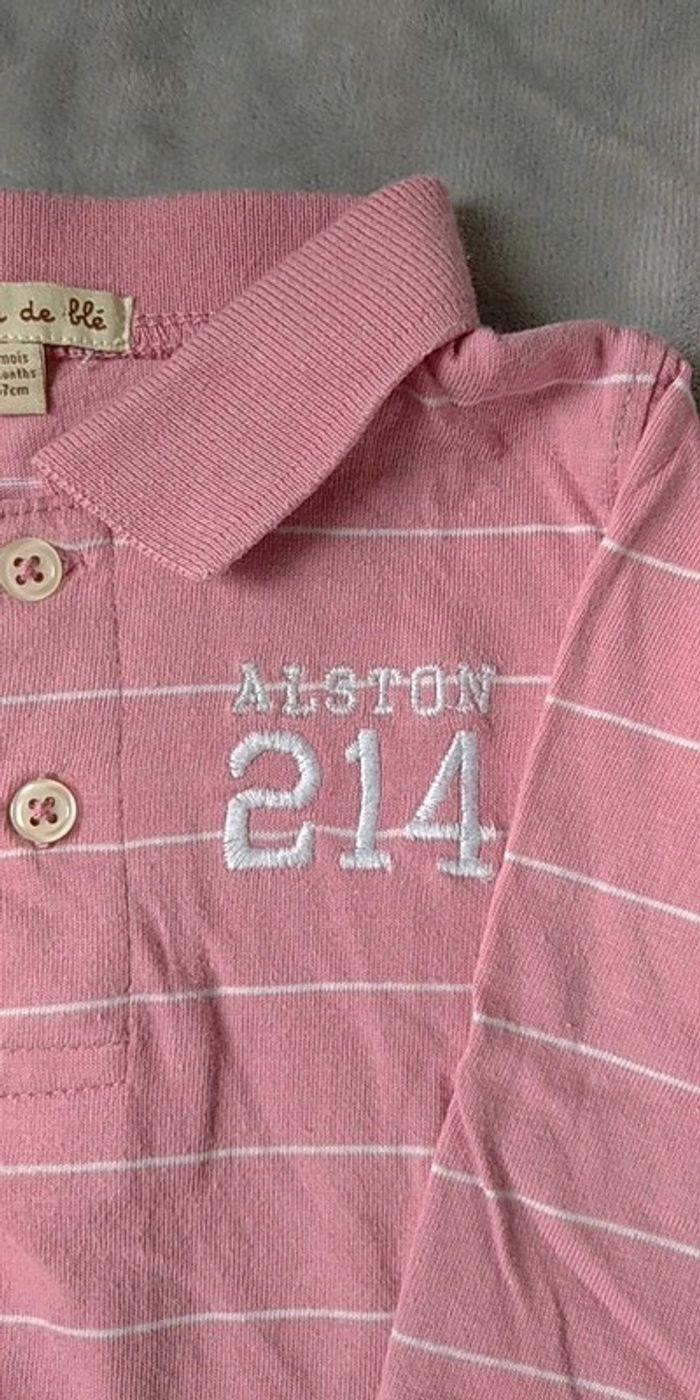 Chemise polo manches longues Garçon 6 mois rose rayé blanc 100% coton Alston 214 Grain de blé - photo numéro 7