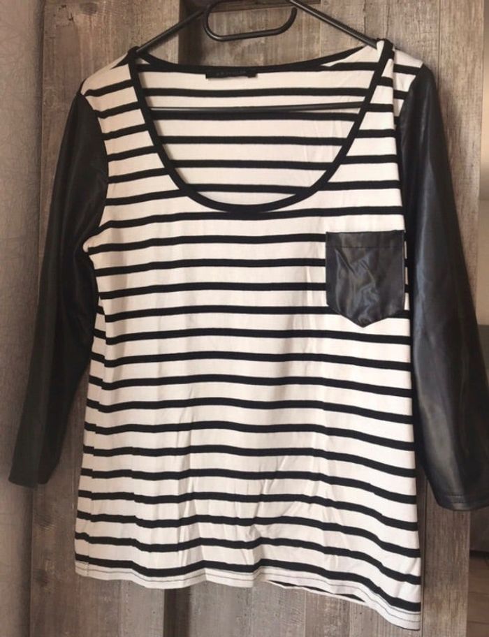 T-shirt manche femme longue simili cuir et coton rayé noir et blanc taille 40 R.P Tamar