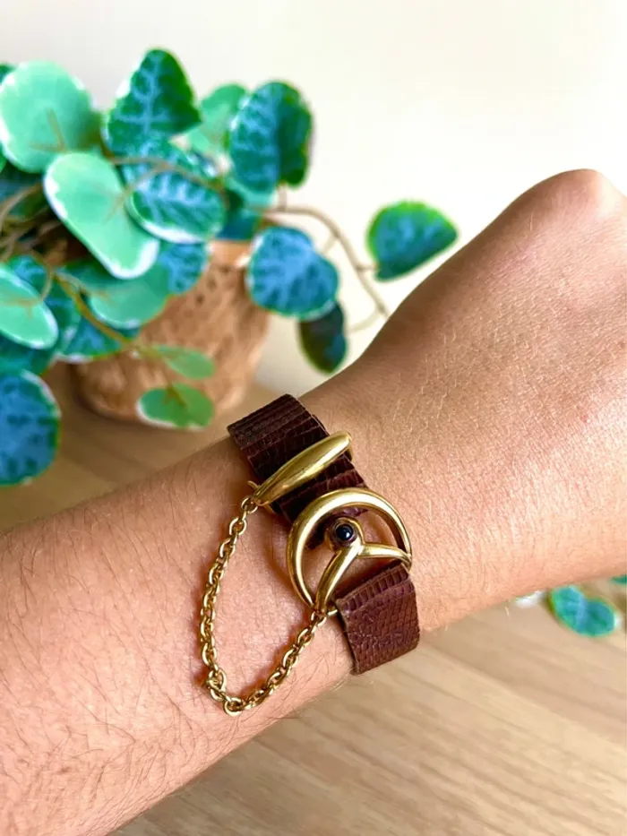 sublime Bracelet cuir lezard marron boucle metal dore avec chaine - photo numéro 10