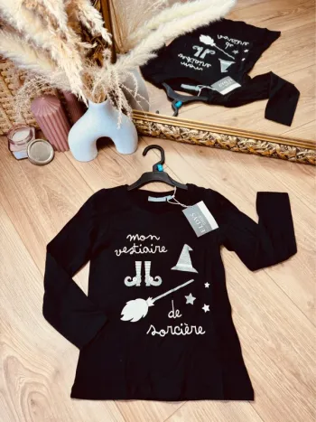 Taille 6 ans teeshirt à manches longues fille Halloween noir argenté * sorcière * 🧙
