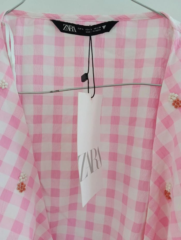 Top à nouer Zara à carreaux rose taille L - photo numéro 5
