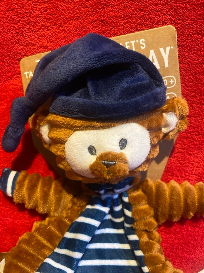 Tao tape à l'œil doudou singe bonnet bleu gauffré marron 100 % Neuf - photo numéro 2