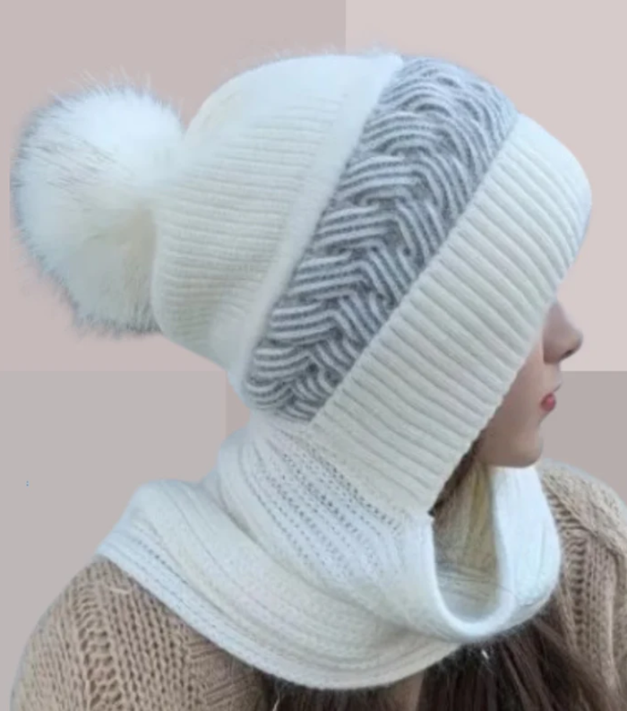 Bonnet fourré et Écharpe 2-en-1 Blanc - Maille Côtelée avec Pompon - Hiver