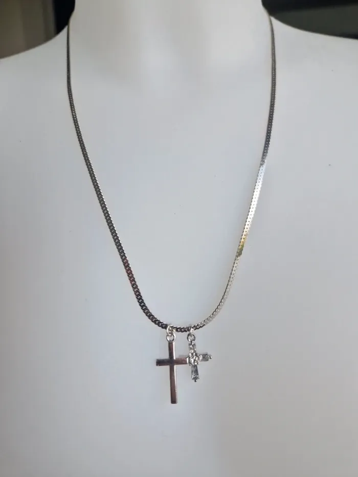 Collier fantaisie argenté pendentifs double croix - photo numéro 2