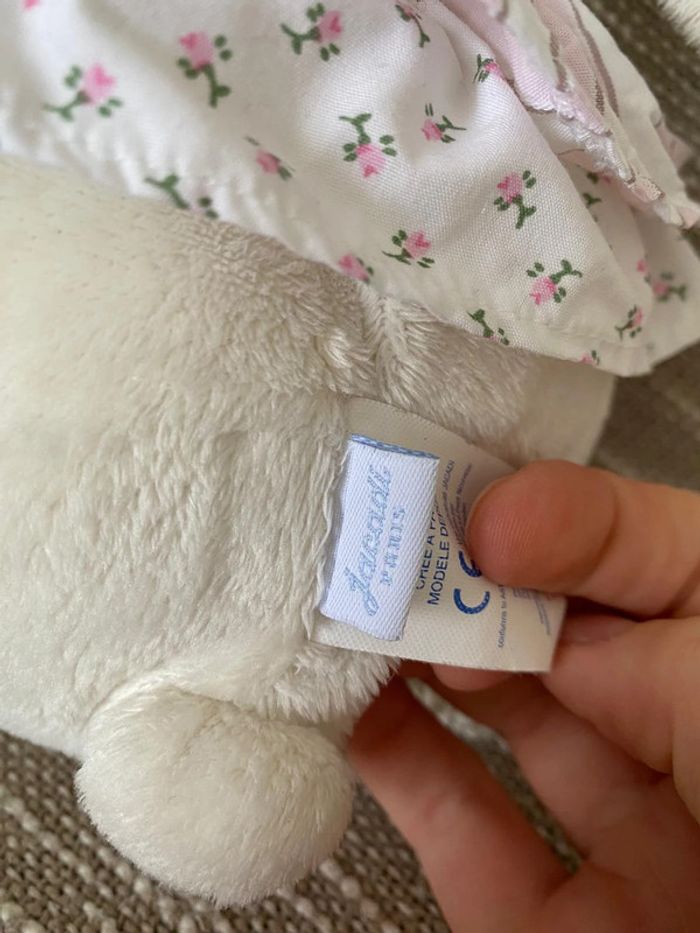 Peluche doudou 22cm jacadi lapin blanc robe à fleur rose très bon état - photo numéro 3