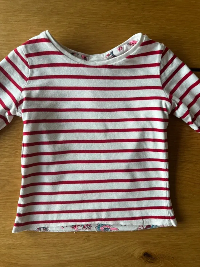 Teeshirt ML réversible un côté fond blanc oiseaux et fleurs, l’autre marinière - Taille 4 Ans - photo numéro 9