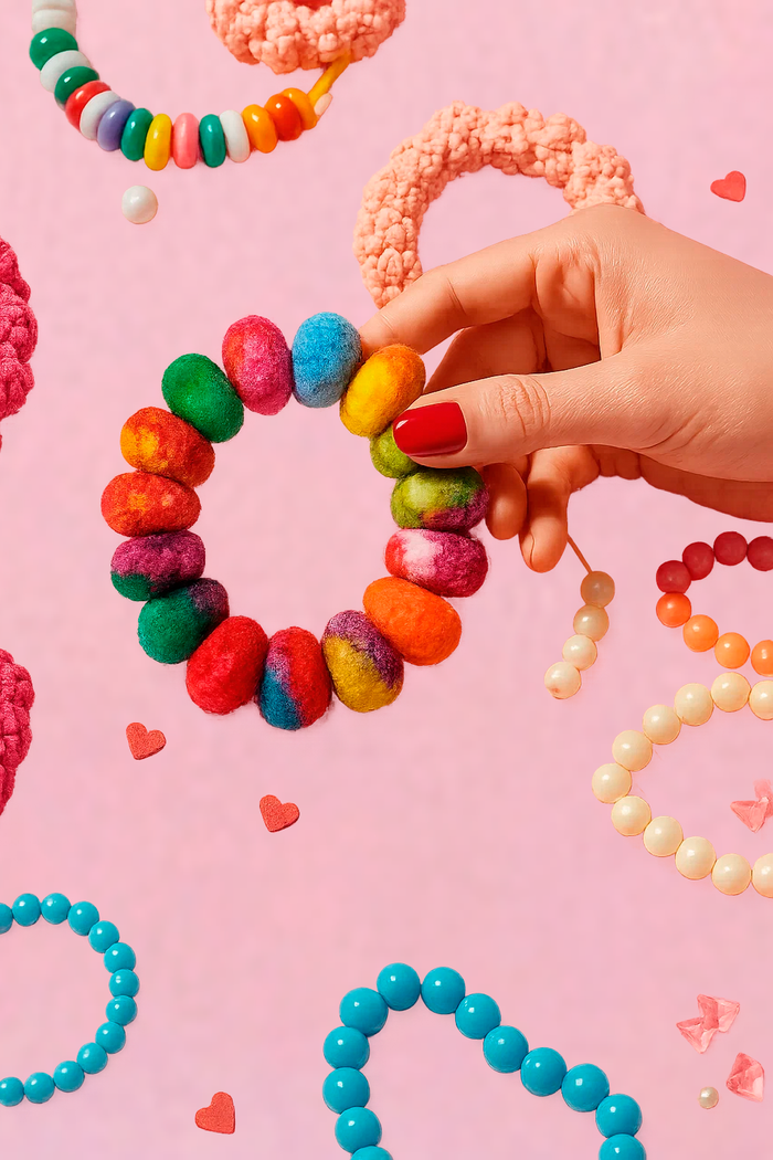 Colorful Handmade Pom Pom Bracelet & Hair Tie – Unique Boho Accessory - photo numéro 4