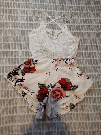 Combinaison short combi-short blanc fleurs multicolores dentelle bretelles réglables taille S 36