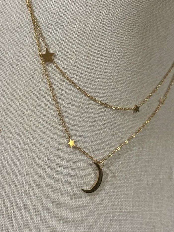 Collier 2 rangs réglable lune étoile acier inoxydable or neuf - photo numéro 3