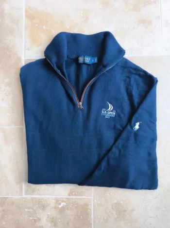 Magnifique pull quart zip laine mérino Ralph Lauren Polo Golf marine logo blanc homme L US Open 2015