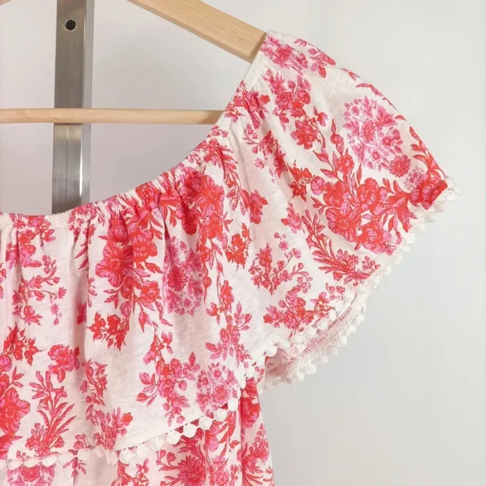 Blouse épaules dénudées motif floral rouge blanc rose Miss Selfridge, taille 38 Neuve A518 - photo numéro 4