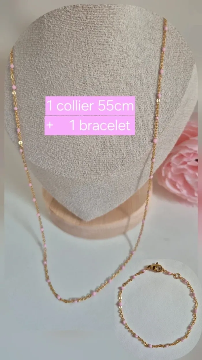 Parure de 2 bijoux : en acier inoxydable collier long et bracelet perles rose clair