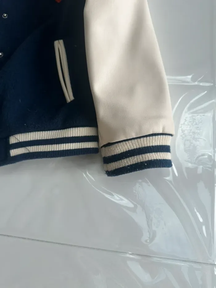 Veste aviateur bleu marine manches simili cuir beige - photo numéro 7