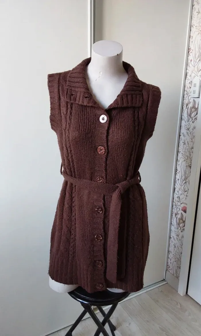 Veste sans manche mohair acrylique mi saison marron T 40 Avec ceinture
