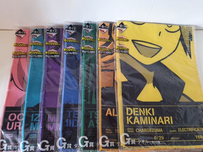 1 lot de de 7 serviette tenya, minoru, tsuyu, all might, denki, ochaco, izuku ichiban kuji my hero a