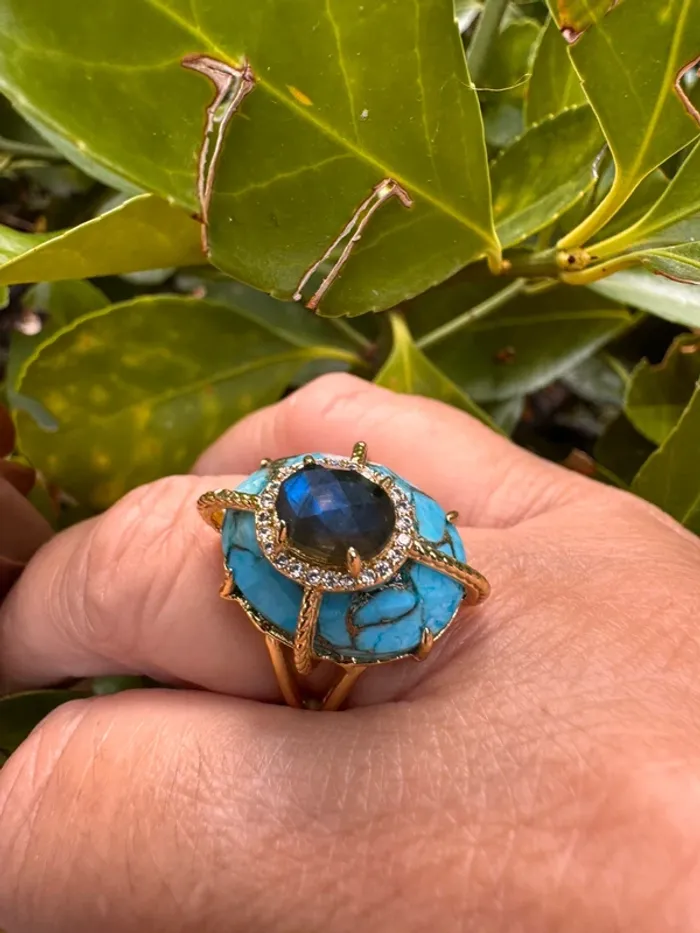 Bague habaha Paris pierres turquoise et jade bleu/reflets vert crique acier inoxydable or réglable - photo numéro 7