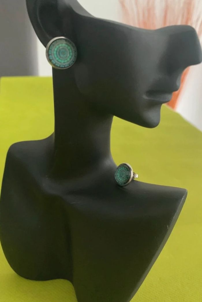 Boucles d’oreilles rondes mandala bleu turquoise en acier inoxydable argenté - photo numéro 4