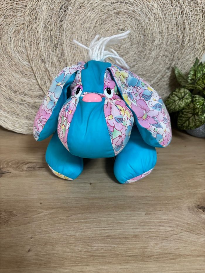 Vintage peluche chien puffalump bleu fleurs rose Silvertoys