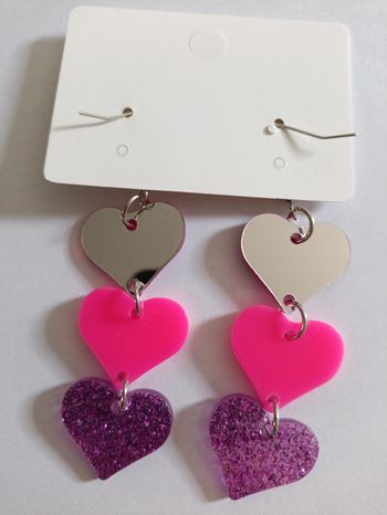 Boucles d'oreilles Triple Cœurs Miroir & Paillettes (Neuves) Neuf sans étiquette