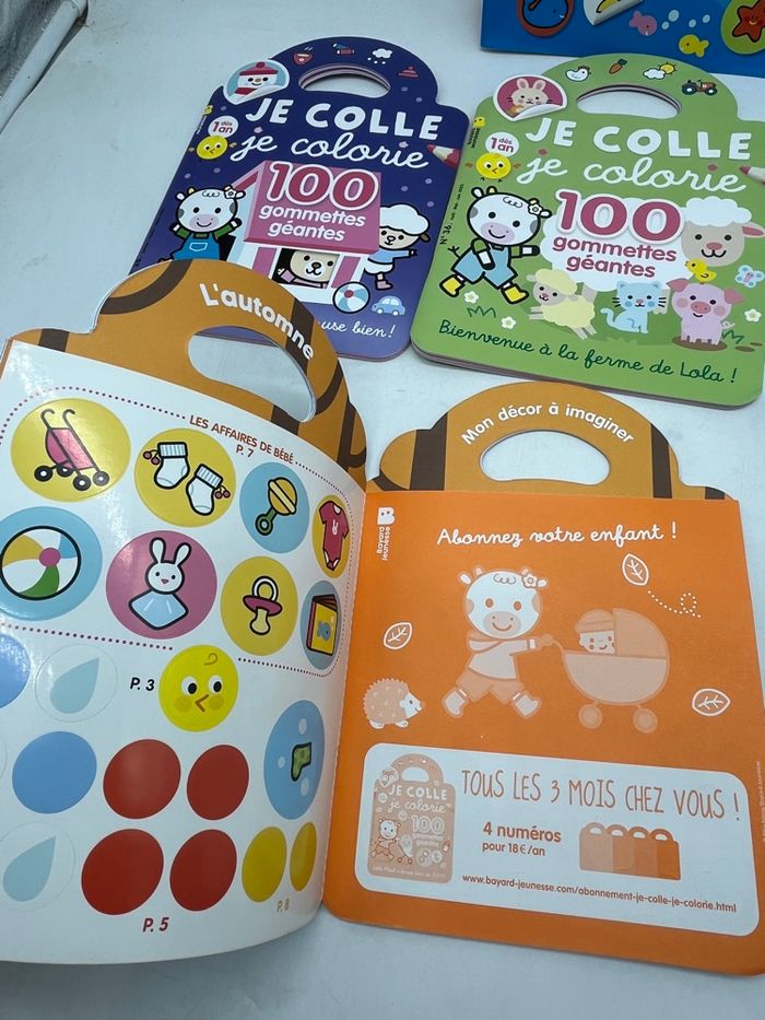 Lot de 4 livres d’activités Magazine Je colle je colorie Avec 100 gommettes géantes imagier neuf avec Lola meuh - photo numéro 2