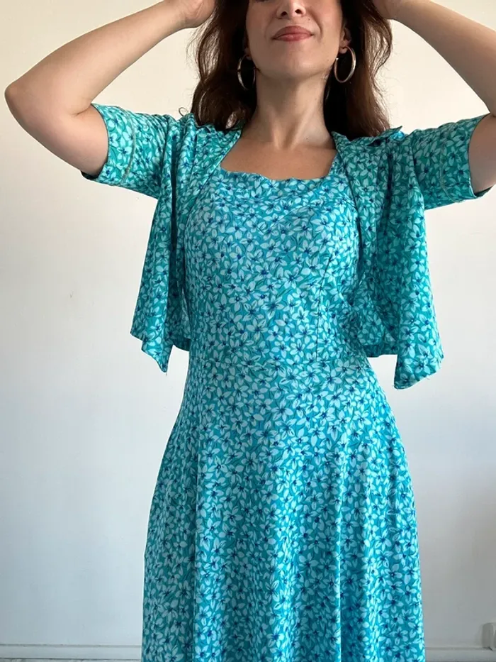 Ensemble robe et boléro vintage bleu à fleur taille S/M - photo numéro 11