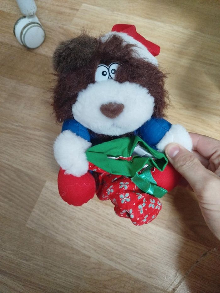 Peluche vintage ours noël bleu et rouge avec hotte
