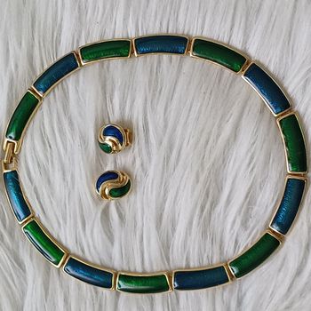 Demi parure vintage métal doré et émaillé bleu et vert