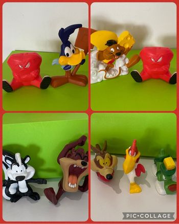 Ces figurines viennent de l’univers des Looney Tunes, le célèbre dessin animé de Warner Bros.. Sur ta photo, on peut reconnaître plusieurs personnages connus :