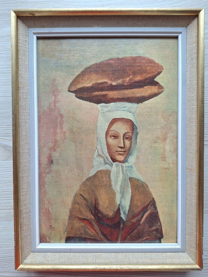 Picasso la porteuse de pain reproduction des années 50 vintage cadre 30,5cmx22,5cm, toile 26,5x18cm.