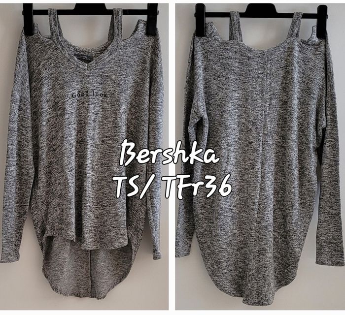 Lot 2 Pulls TS/TFr36 -Promod Noir à Pois Blancs & Bershka Gris Chiné & Epaules Dénudées - photo numéro 7