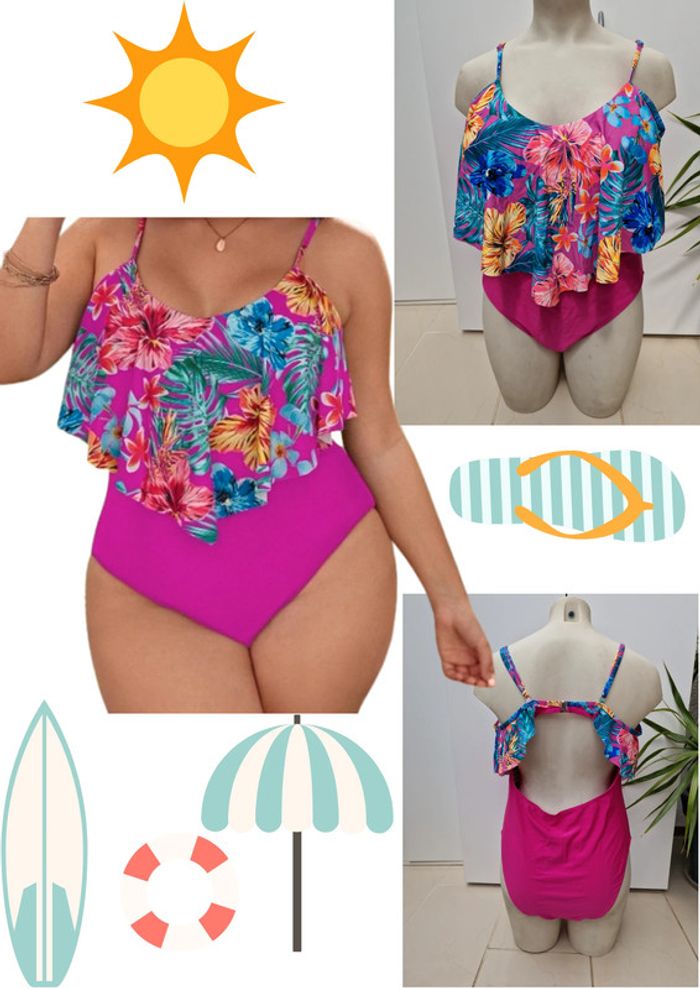 Maillot De Bain Une Piece Fuchsia Volants Imprimé Fleurs Hibiscus