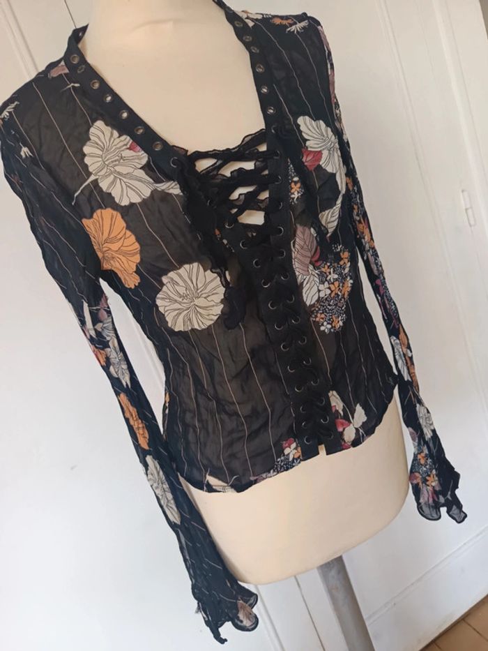 haut top y2k 90 2000 blouse voile transparente à rayure femme sexy à lacet fleurie mng - photo numéro 3