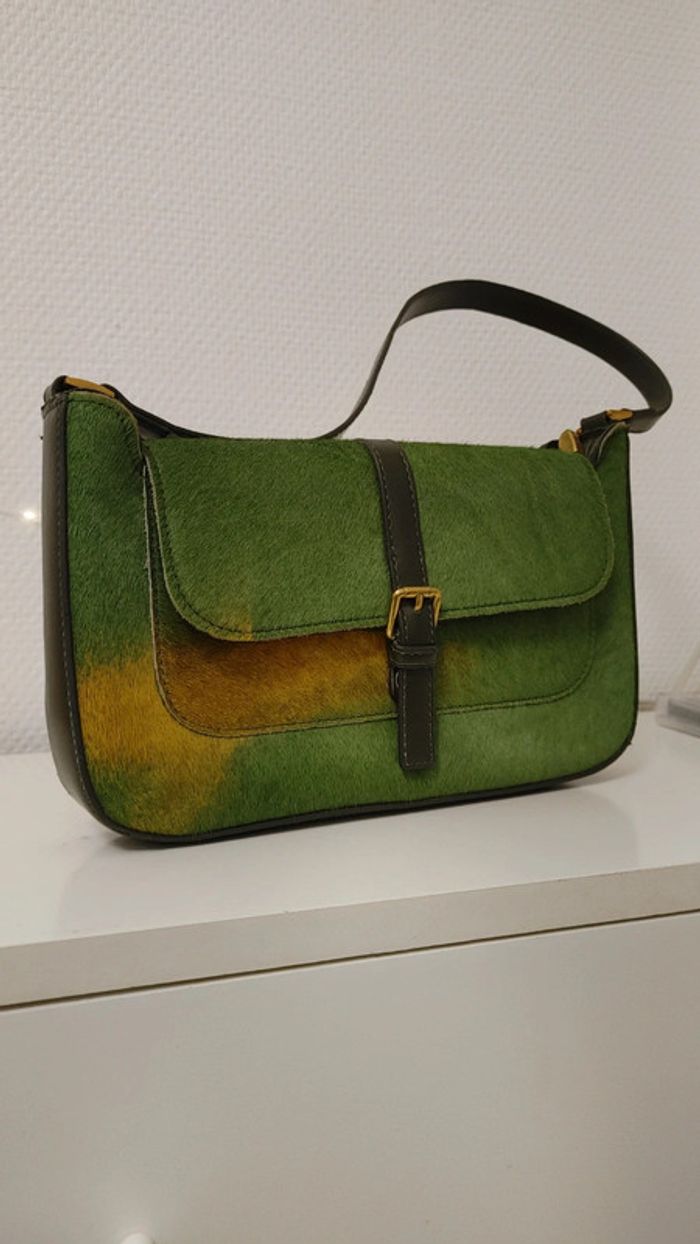 Sac en cuir véritable porté épaule crin de cheval vert jaune - photo numéro 5