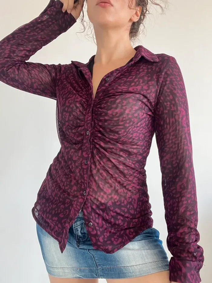 Chemisier transparent à motifs noir et violet taille S - photo numéro 4