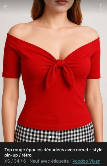 Top rouge épaules dénudées avec nœud – style pin-up / rétro