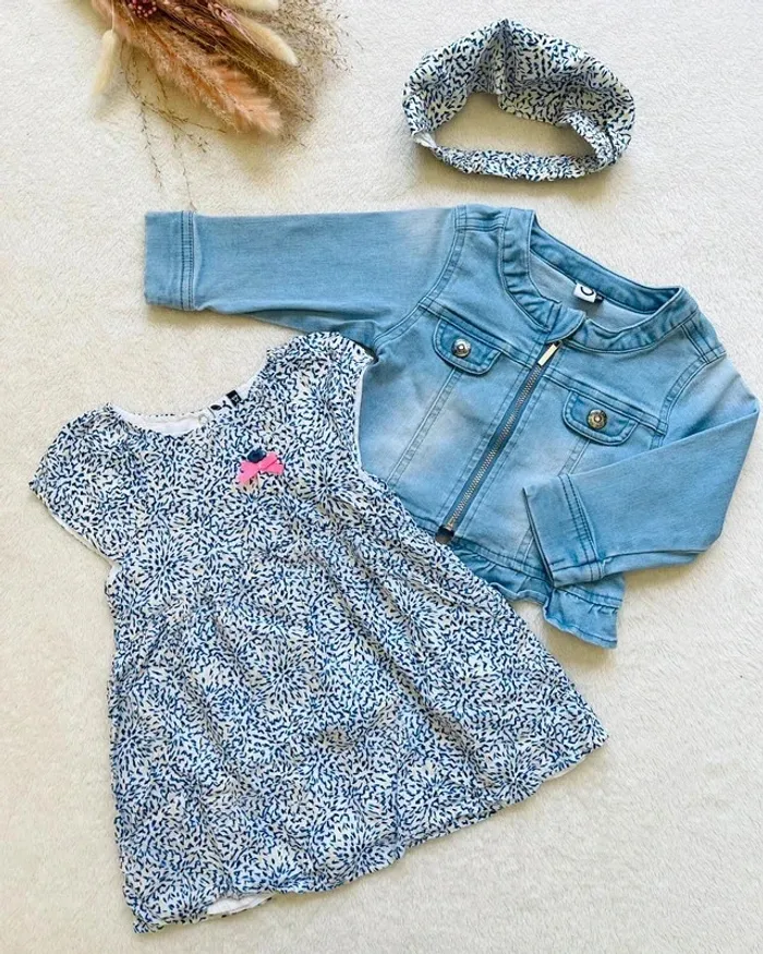 Ensemble complet robe + veste en jean + bandana assorti 6/9 mois - 3 Pommes - photo numéro 2
