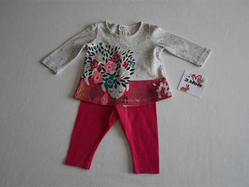 Ensemble Catimini 3 mois : Legging rose fushia + Haut gris chiné clair fantaisie