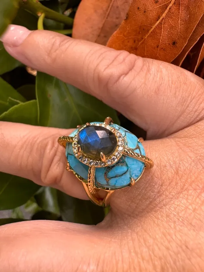 Bague habaha Paris pierres turquoise et jade bleu/reflets vert crique acier inoxydable or réglable - photo numéro 3