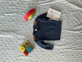 pull chaud bleu et marron col rond 12 mois tex