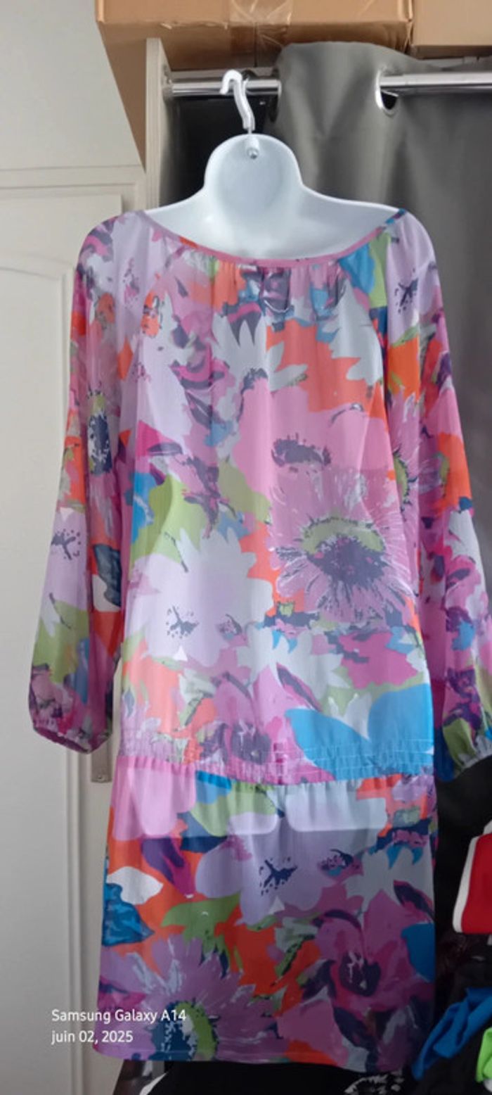 Robe tunique longue en voile motif floral coloré femme 44/46 yessica - photo numéro 5