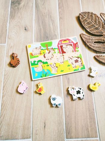 🐖Jeu de motricité - Puzzle d'Encastrement en bois pièces 3D animaux de la ferme 